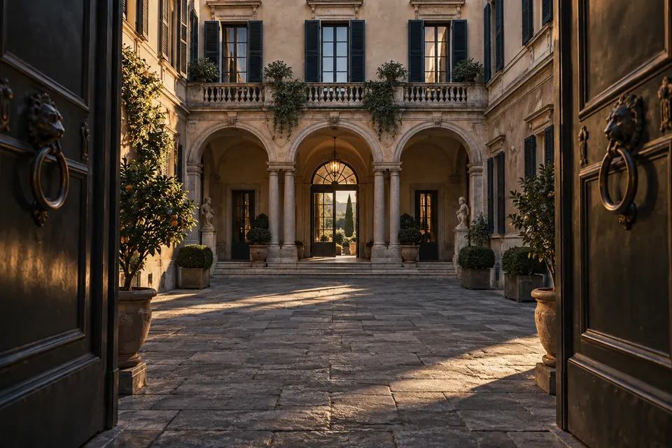 Corte di un palazzo italiano vista attraverso un portone aperto