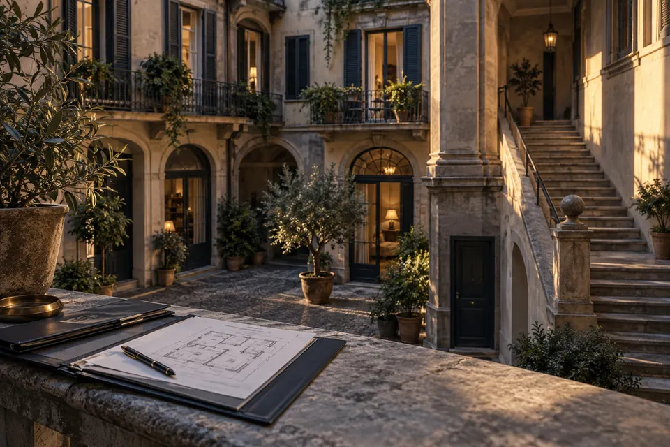 Cortile residenziale con planimetria e dossier in primo piano