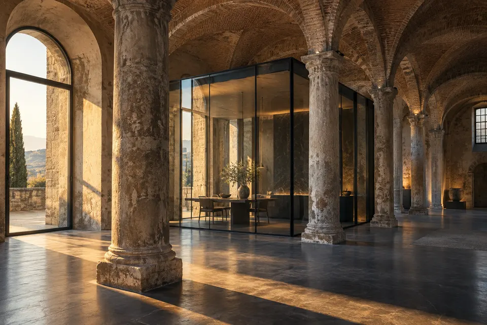 Sala storica con volte in mattoni e inserimento contemporaneo in vetro