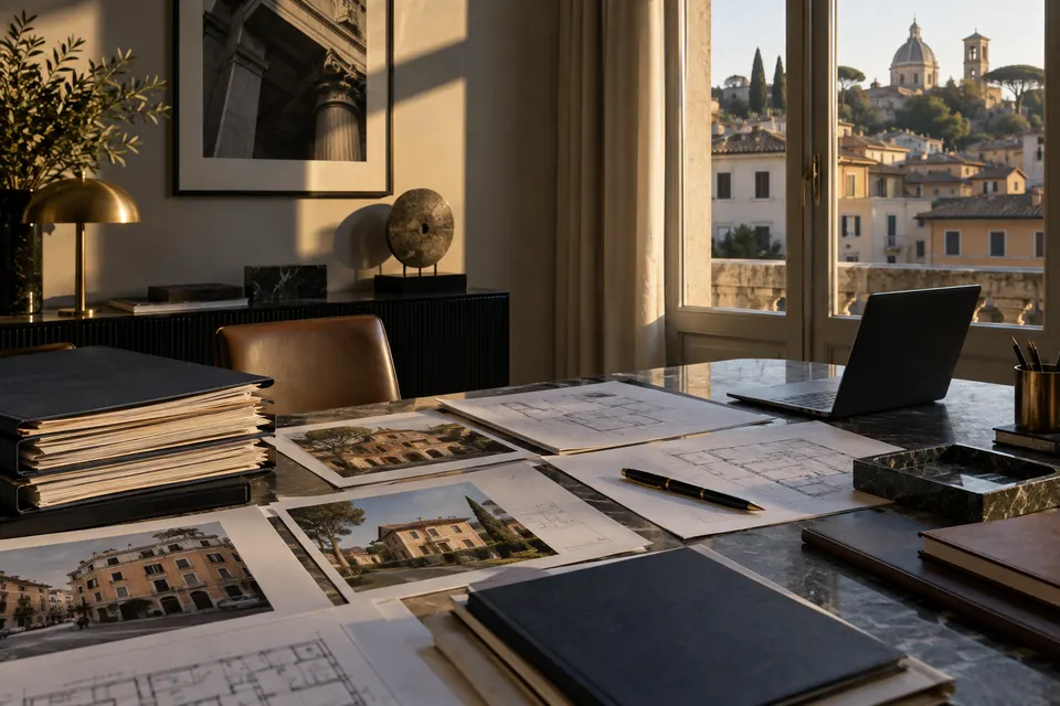Dossier, fotografie e planimetrie di diversi immobili su un tavolo