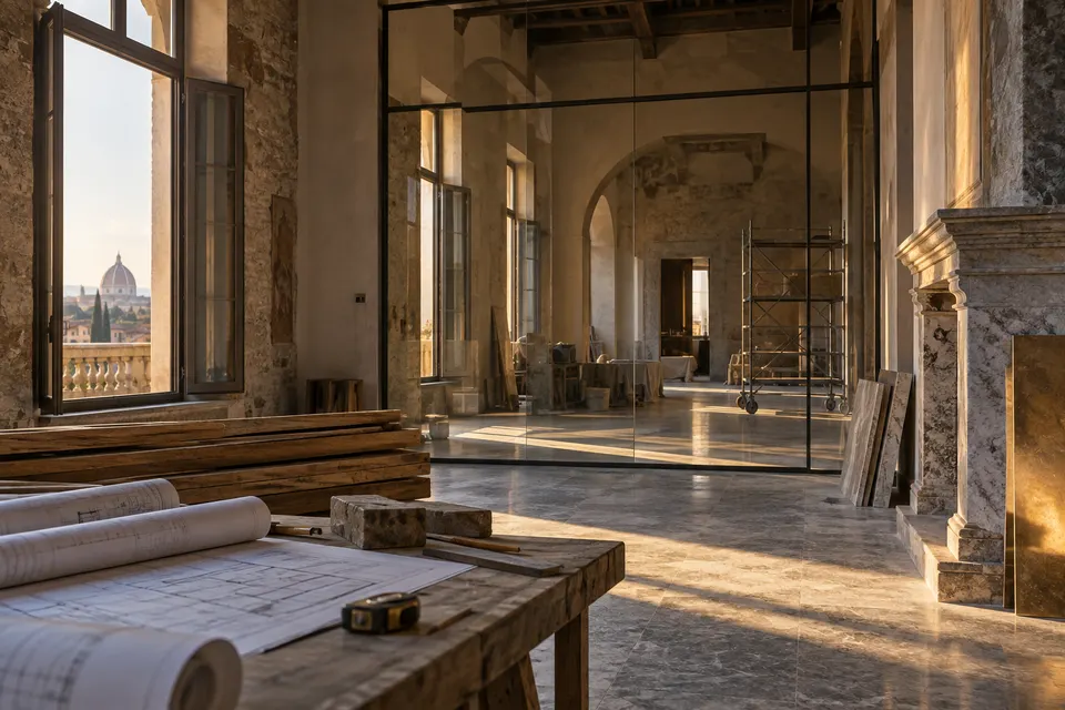 Interno in ristrutturazione con planimetrie e materiali di cantiere