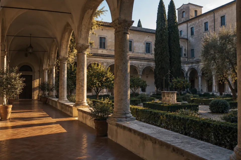 Chiostro di un complesso religioso con giardino e porticato